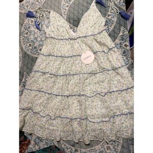 NOT AVAIL NWT Storia Floral Tiered Mini Dress Blue Yellow V-Neck  Size S